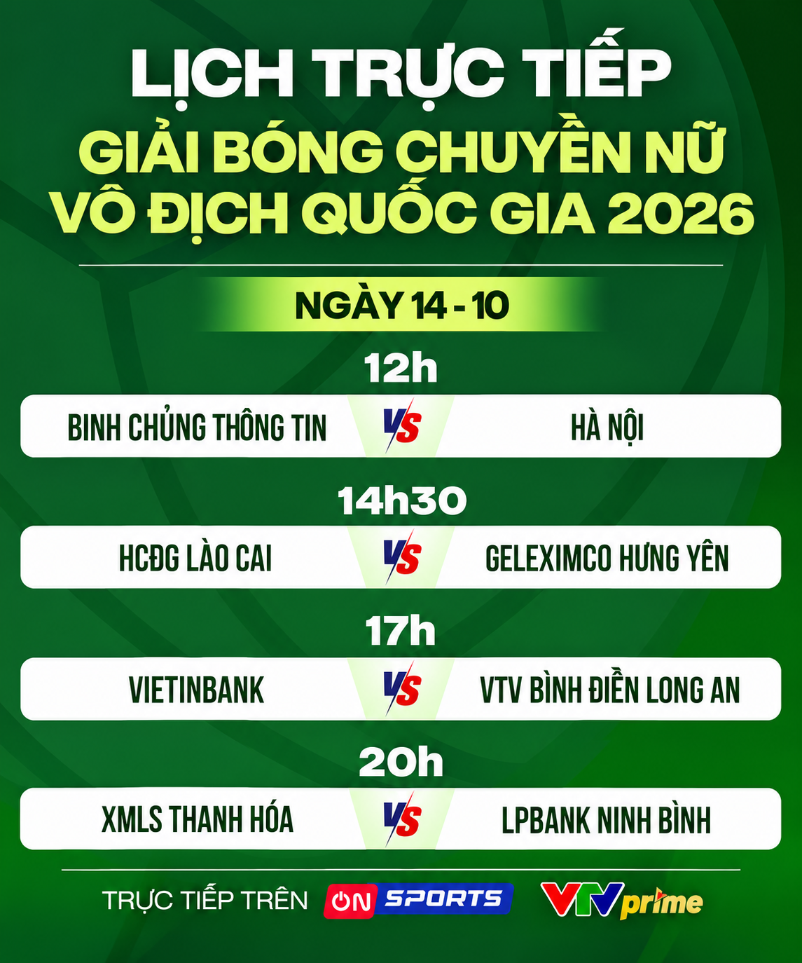 Lịch trực tiếp Giải bóng chuyền nữ vô địch quốc gia 2026 ngày 14-10 - Đồ họa: ĐỨC KHUÊ