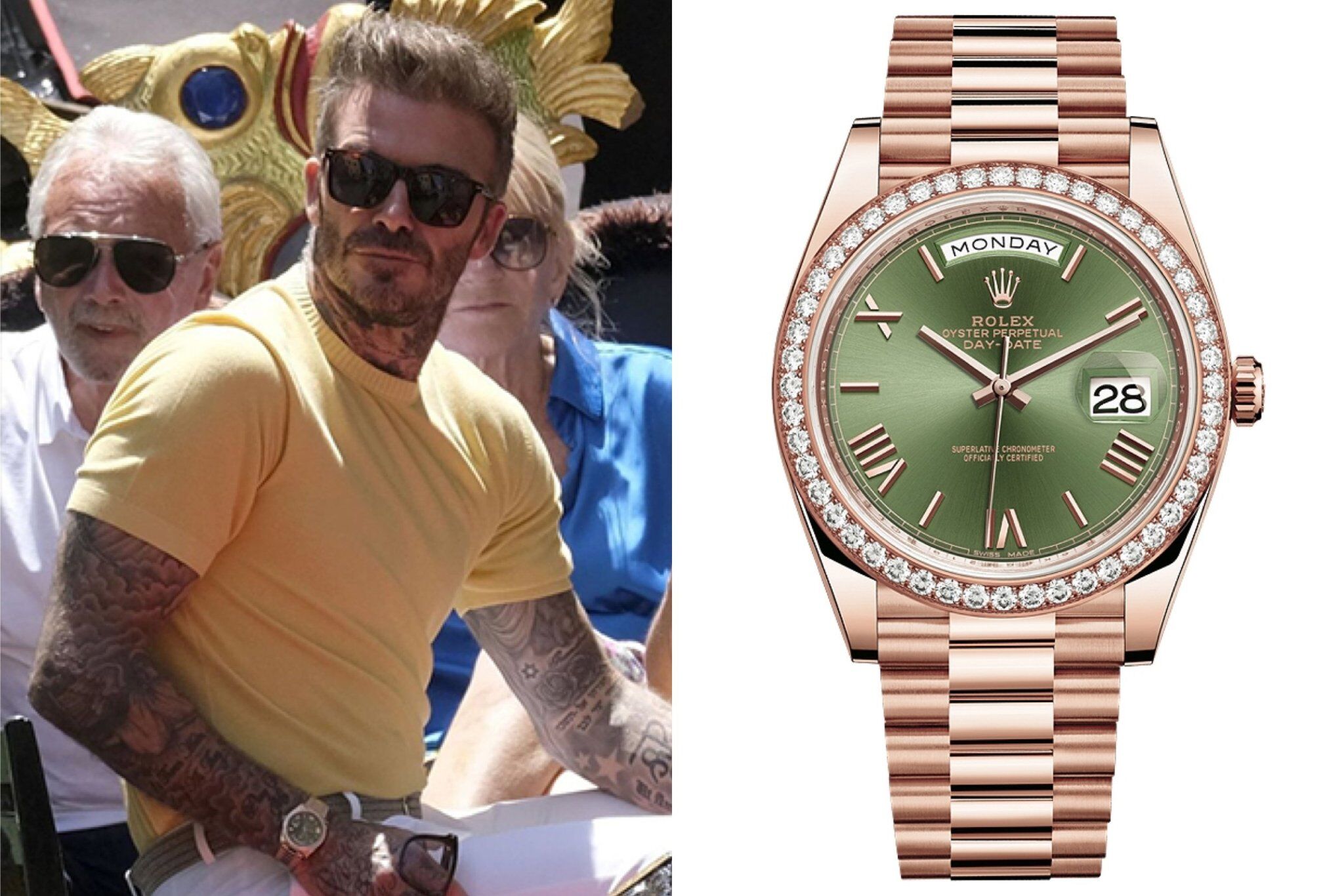 David Beckham cũng từng được bắt gặp đeo Rolex Day-Date 40 bằng vàng Everose. Mặt số xanh lá kết hợp vành bezel đính kim cương tạo nên diện mạo trẻ trung - Ảnh: GQ