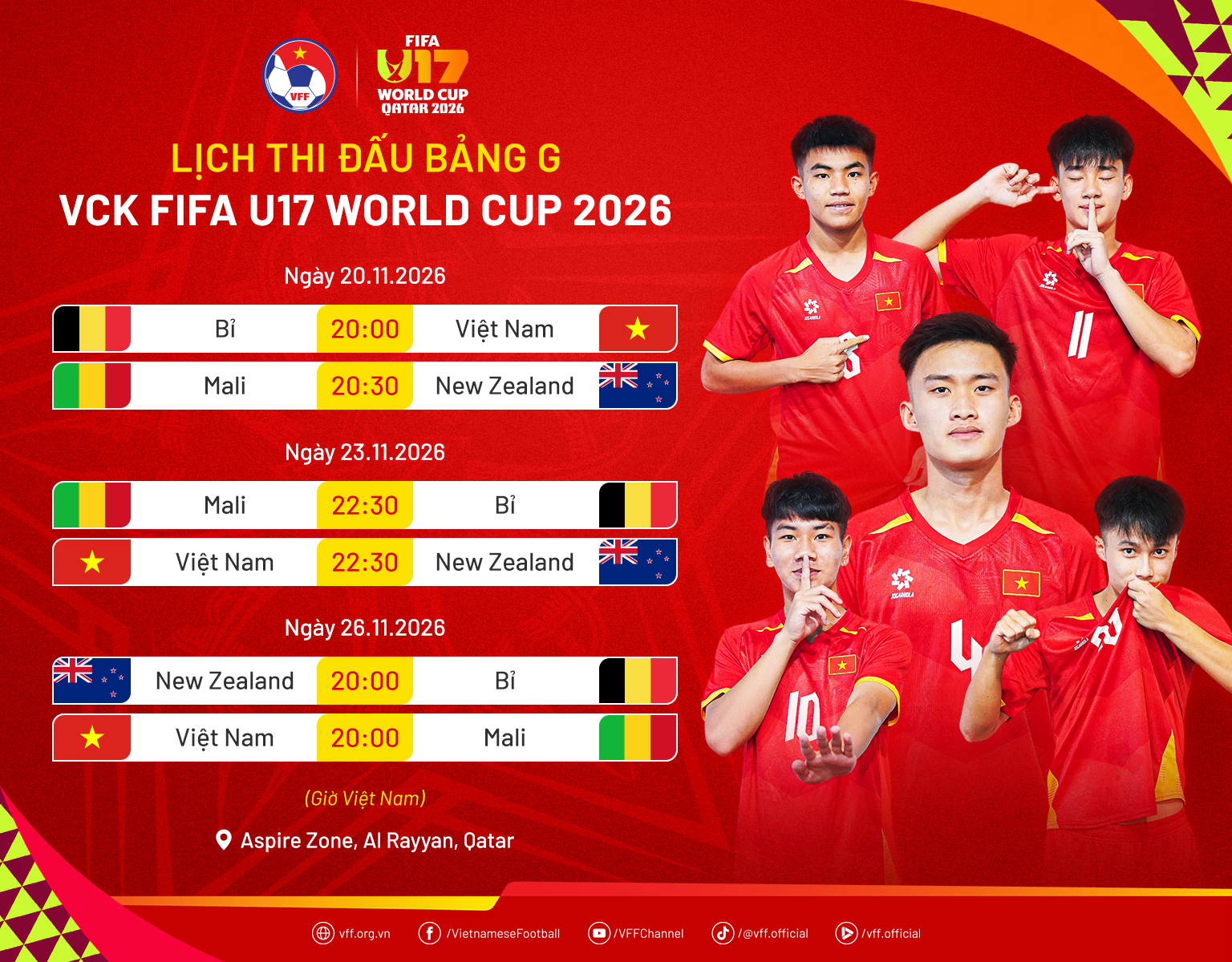 Lịch thi đấu của U.17 Việt Nam tại U.17 World Cup 2026