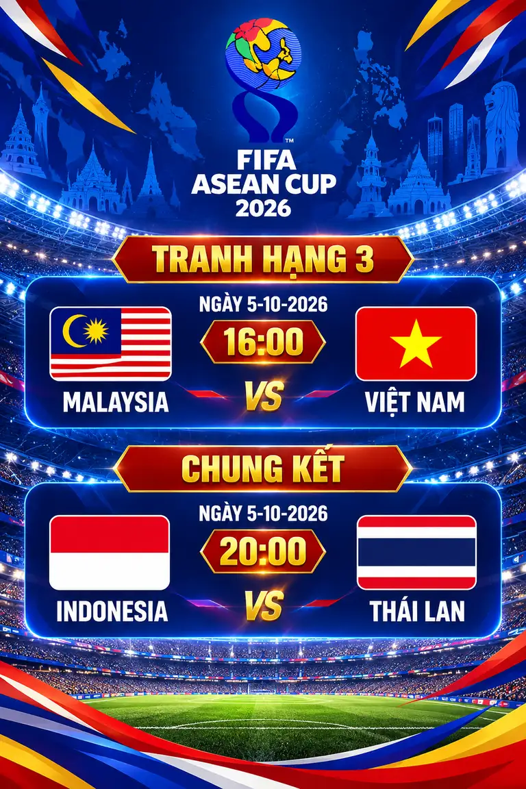 Lịch thi đấu ngày chung kết FIFA ASEAN Cup 2026: Malaysia và Việt Nam tranh hạng ba
