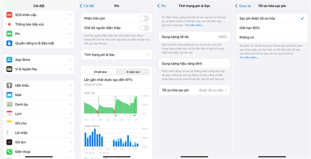 Truy cập Cài đặt > Pin > Tình trạng pin & Sạc > bật chế độ Sạc pin được tối ưu hoá", Morgan nói. "Nếu cẩn thận hơn, bạn hãy đặt nó ở mức 80%. (Ảnh chụp màn hình)