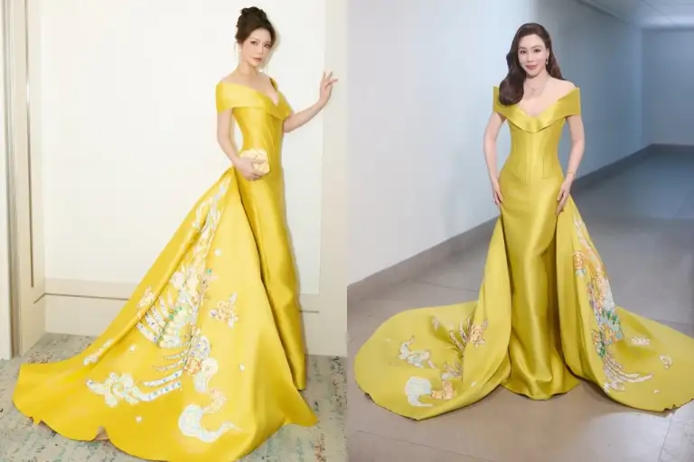 Trước đó, diễn viên Lý Nhã Kỳ (trái) từng diện chiếc đầm tại một sự kiện quốc tế. Hồi tháng 5, ca sĩ Hồ Quỳnh Hương cũng mặc trang phục lên sân khấu một đêm nhạc ở Hà Nội.