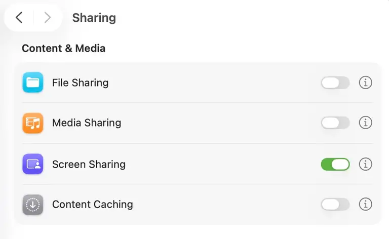 Giao diện System Settings mục Sharing trên macOS, nơi bật/tắt Screen Sharing