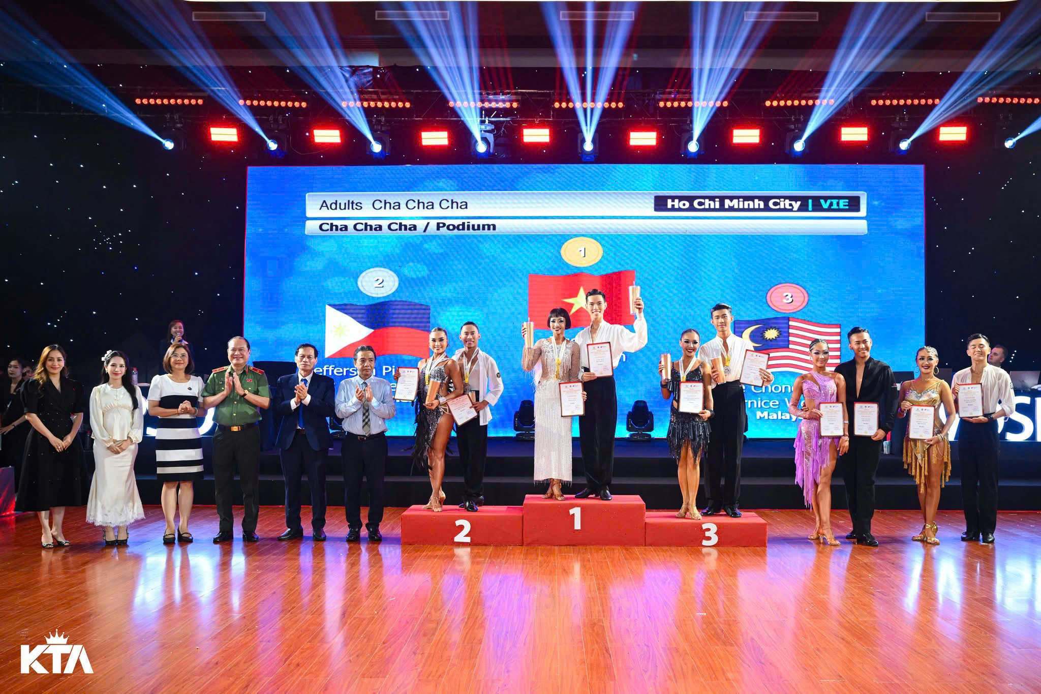 Ngọc An - Tố Uyên trong khoảnh khắc nhận huy chương vàng tại giải vô địch khiêu vũ thể thao châu Á