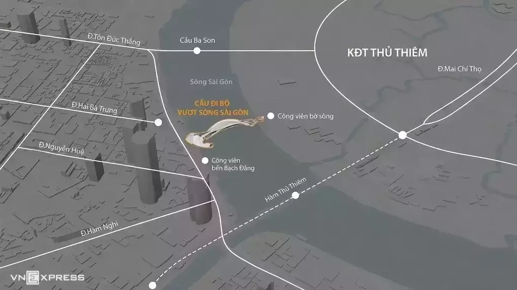 Vị trí xây dựng cầu đi bộ vượt sông Sài Gòn. Đồ họa: Khánh Hoàng