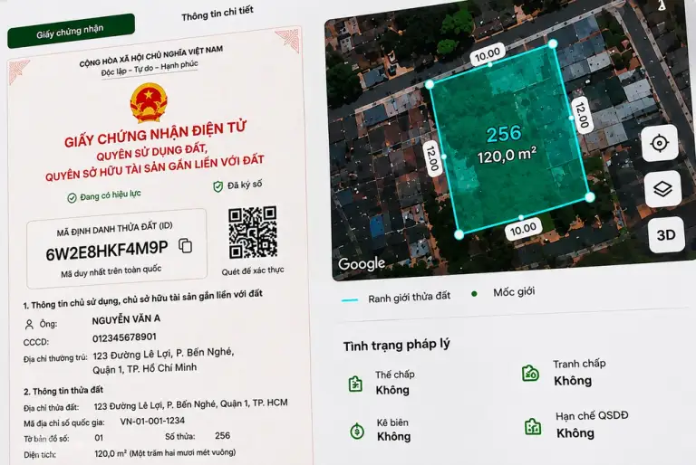 Minh họa giao diện mã định danh thửa đất và "sổ đỏ" điện tử đang trong quá trình hoàn thiện (chưa phải phiên bản cuối cùng). Ảnh: Trọng Đạt