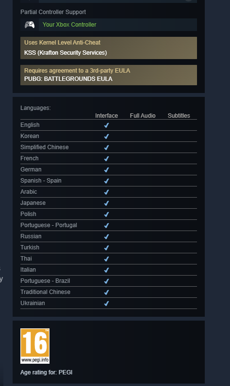 Danh sách ngôn ngữ được PUBG PC hỗ trợ trên Steam hiện không còn tiếng Việt, bên cạnh 16 ngôn ngữ khác