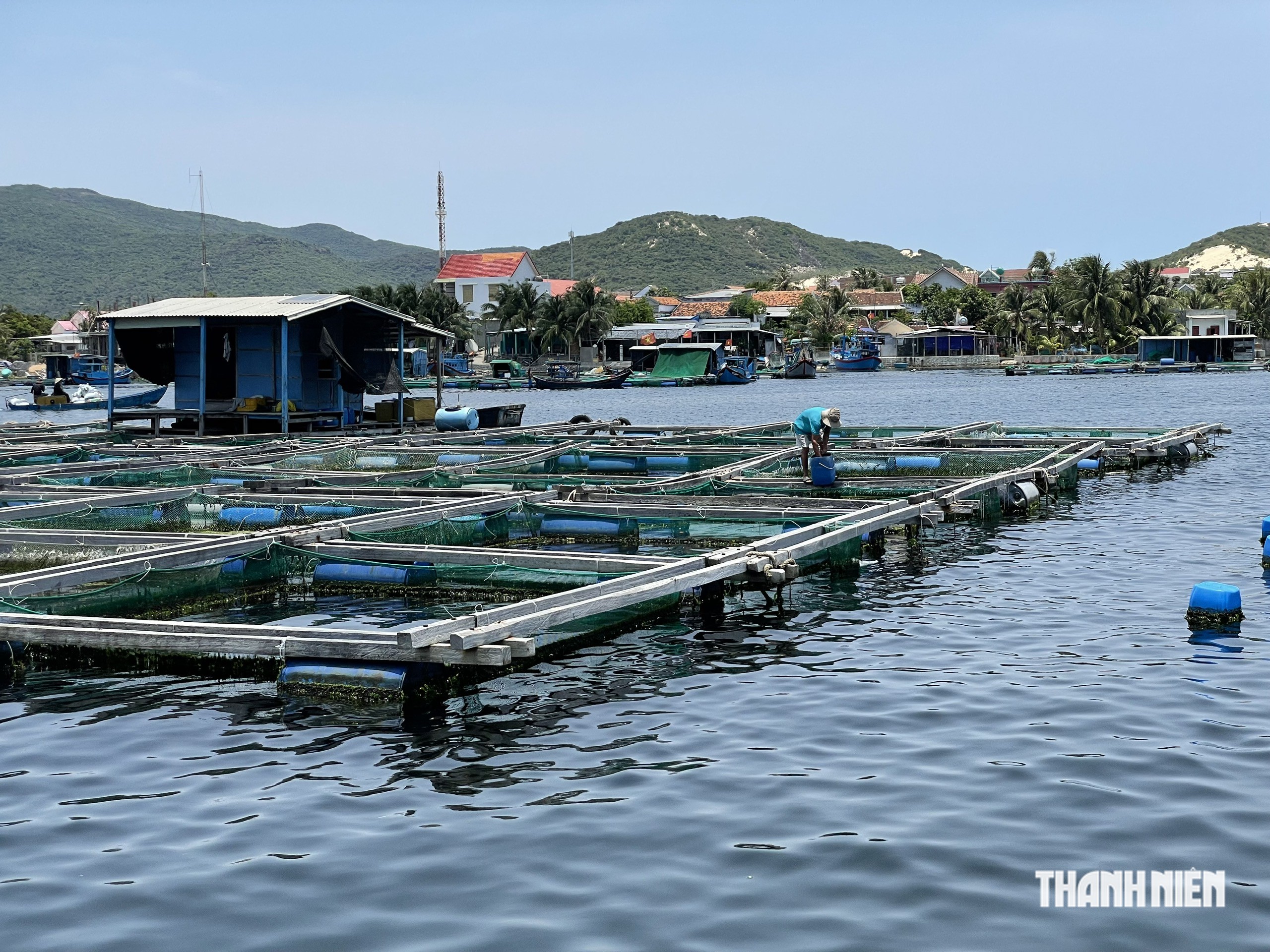 Lồng bè được ngư dân xã Đại Lãnh kiểm tra, gia cố trước khi mùa mưa bão đến