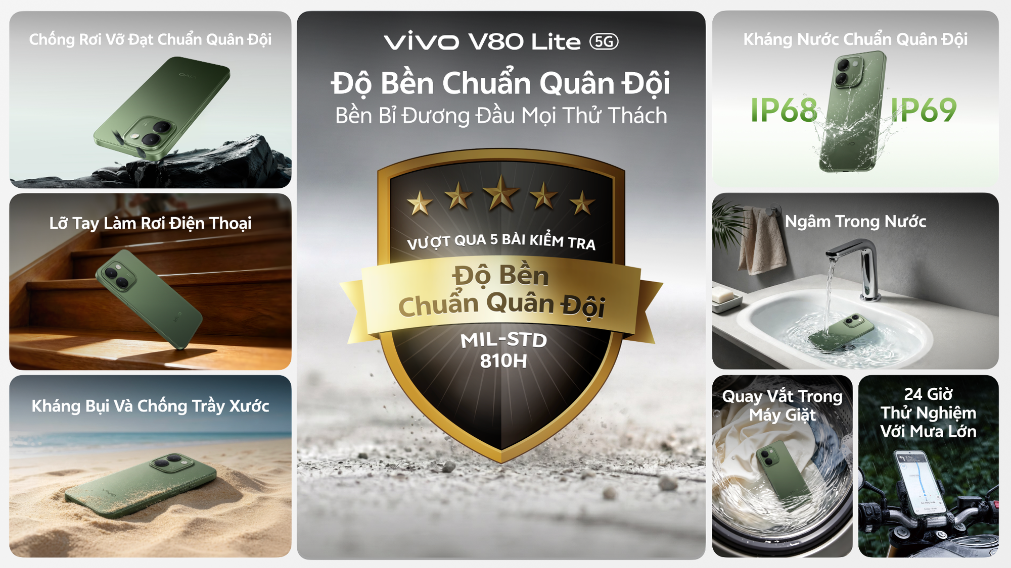 vivo V80 Lite 5G vượt qua 5 bài kiểm tra khắc nghiệt, đạt chứng nhận độ bền chuẩn quân đội MIL-STD-810H.