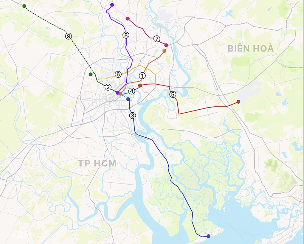 Mạng lưới metro ở TP HCM dự kiến đến năm 2030. Đồ họa: Khánh Hoàng