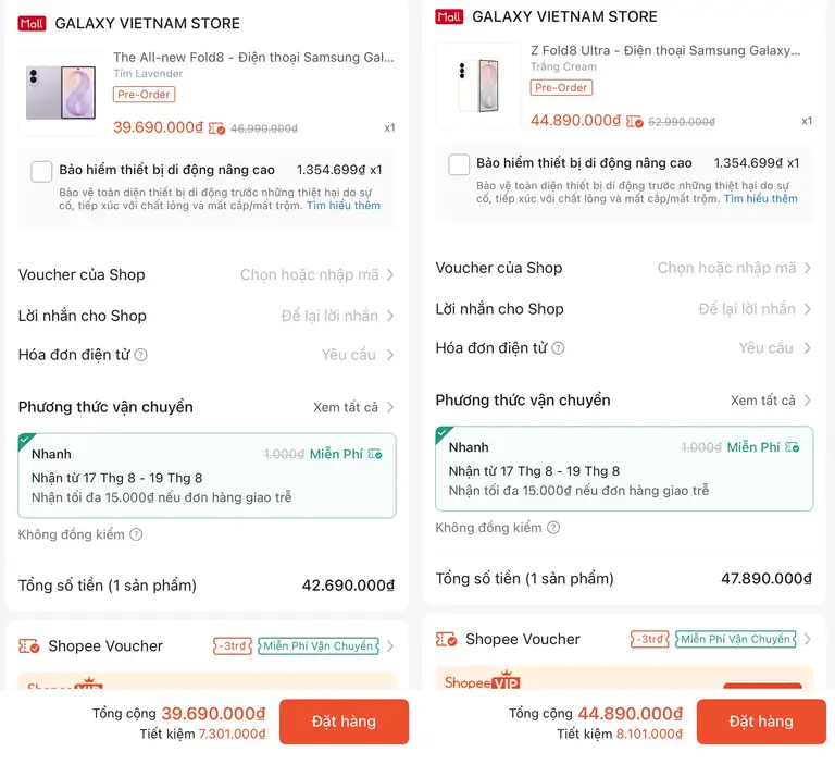 Giá bán của Galaxy Z Fold8 và Galaxy Z Fold8 Ultra trên Shopee.