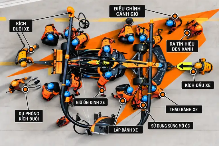 Vai trò của các nhân viên kỹ thuật mỗi khi xe F1 vào pit. Ảnh: McLaren