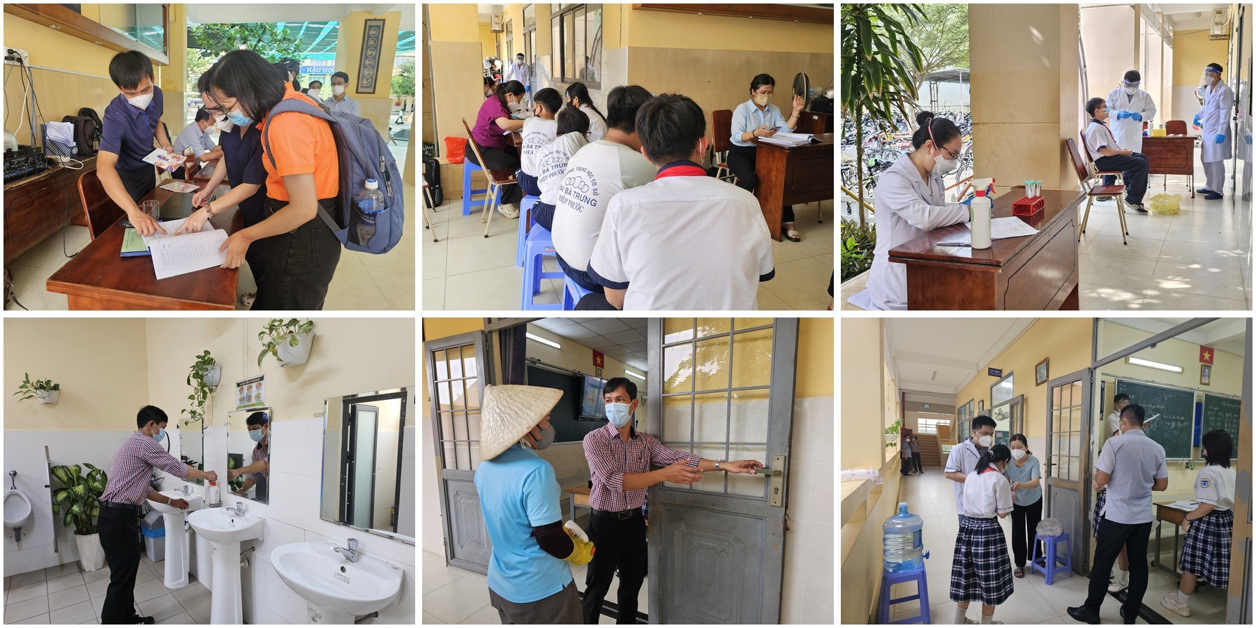 HCDC phối hợp Trạm Y tế xã Hiệp Phước và nhà trường triển khai điều tra dịch tễ, theo dõi người tiếp xúc, lấy mẫu xét nghiệm, hướng dẫn vệ sinh - khử khuẩn và các biện pháp dự phòng tại trường học - Ảnh: Sở Y tế TP.HCM