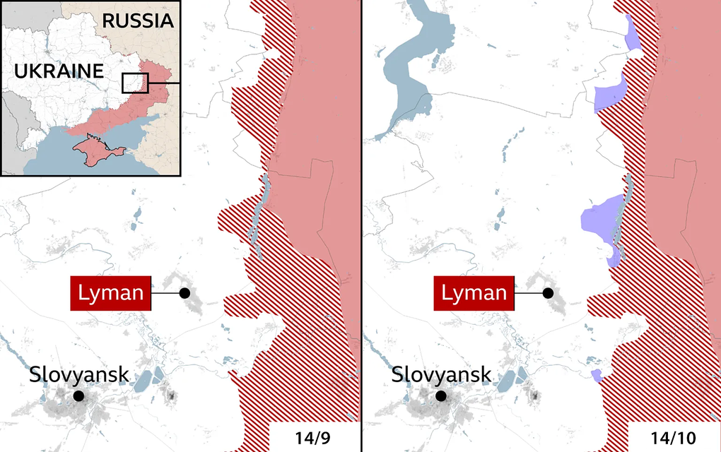 Lãnh thổ Ukraine tái kiểm soát gần Lyman (vùng màu tím) từ ngày 14/9 đến 14/10. Đồ họa: BBC
