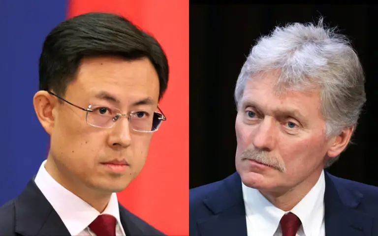 Người phát ngôn Bộ Ngoại giao Trung Quốc Quách Gia Côn và người phát ngôn Điện Kremlin Dmitry Peskov - Ảnh: REUTERS