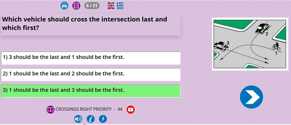 Câu hỏi về thứ tự đi qua đường giao nhau. Đáp án đúng là 3. Ảnh: testdriver.gr