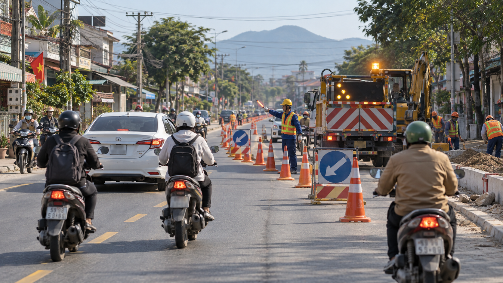 Khi đi qua khu vực thi công, tài xế vẫn phải giảm tốc, quan sát và chấp hành biển báo, phân luồng tạm thời