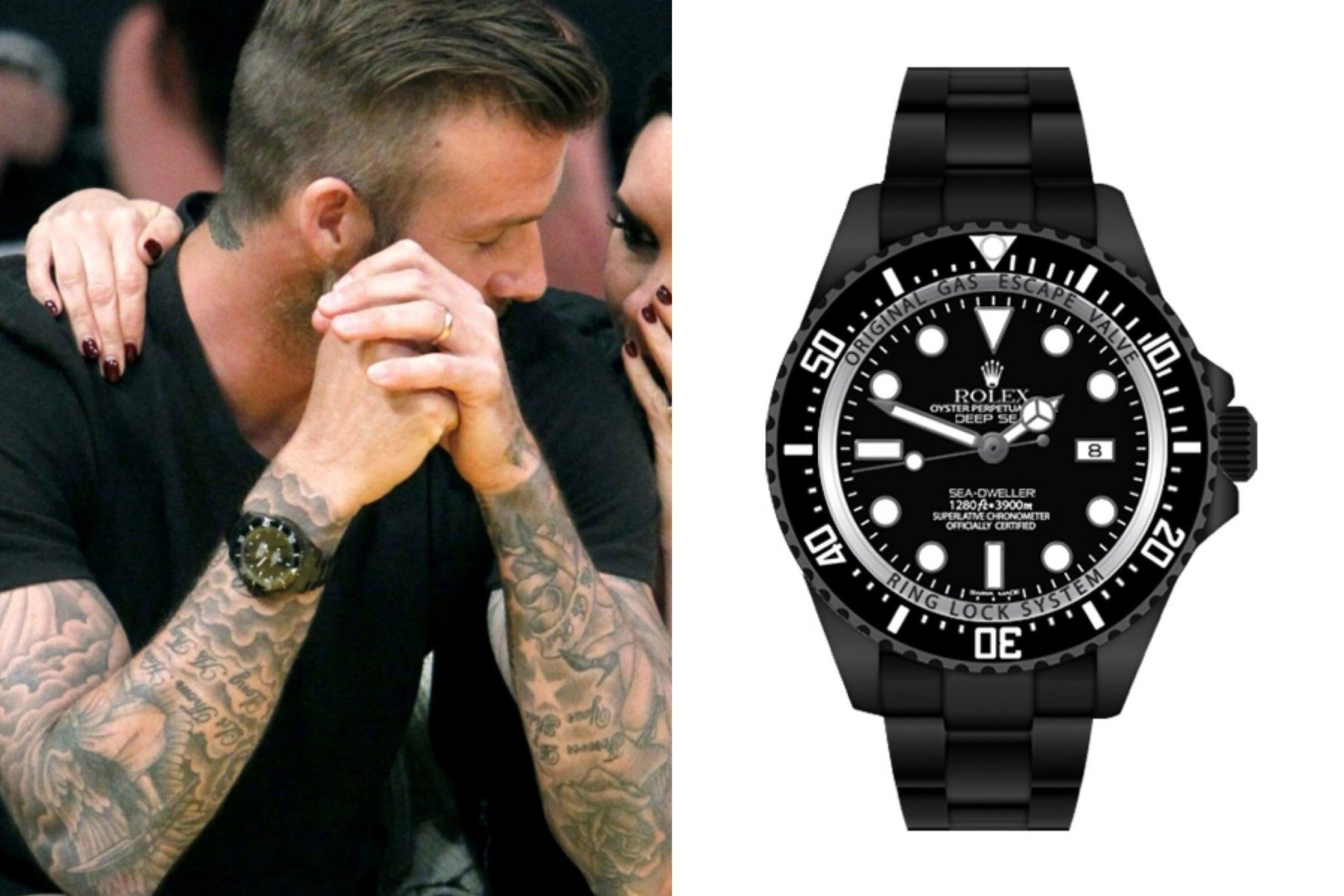 Trong một lựa chọn táo bạo hơn, David Beckham sở hữu chiếc Rolex Deepsea Sea-Dweller với lớp phủ PVD màu đen toàn bộ - Ảnh: GQ