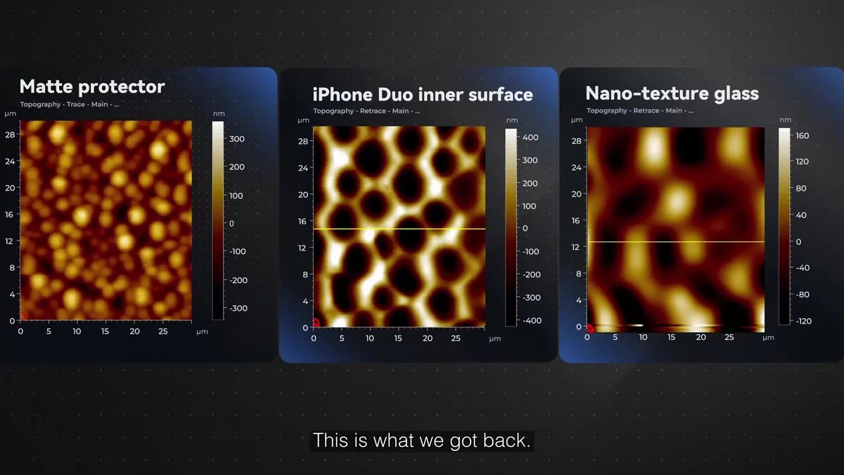 Mồ hôi, dầu thừa và mỹ phẩm dễ dàng lưu lại trên lớp phủ nhám ở màn hình trên iPhone Duo (Ảnh: Tim Pan)
