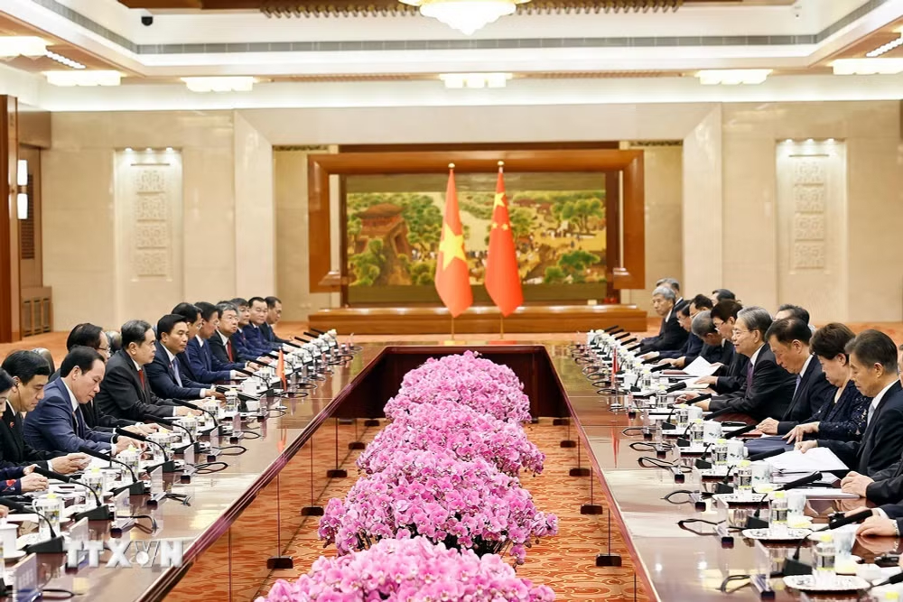 Chủ tịch Quốc hội Trần Thanh Mẫn hội đàm với Ủy viên trưởng Nhân đại toàn quốc Trung Quốc Triệu Lạc Tế và đồng chủ trì Phiên họp lần thứ 2 Ủy ban hợp tác giữa cơ quan lập pháp 2 nước - Ảnh: TTXVN