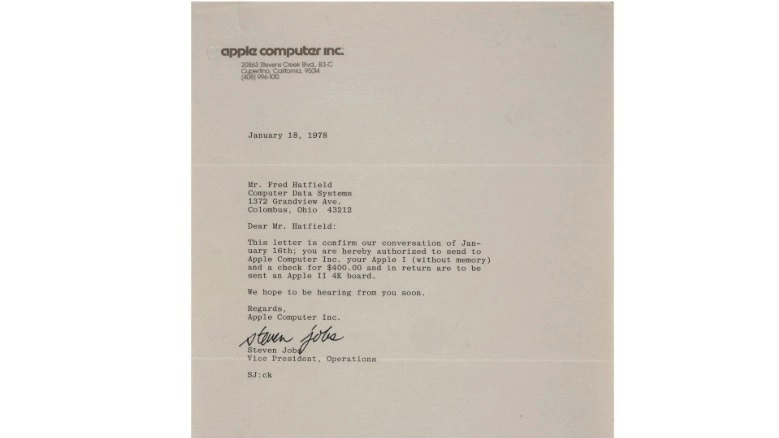 Bức thư được gửi năm 1978 từ Steve Jobs cho chủ máy Apple-1. Ảnh: Bonhams