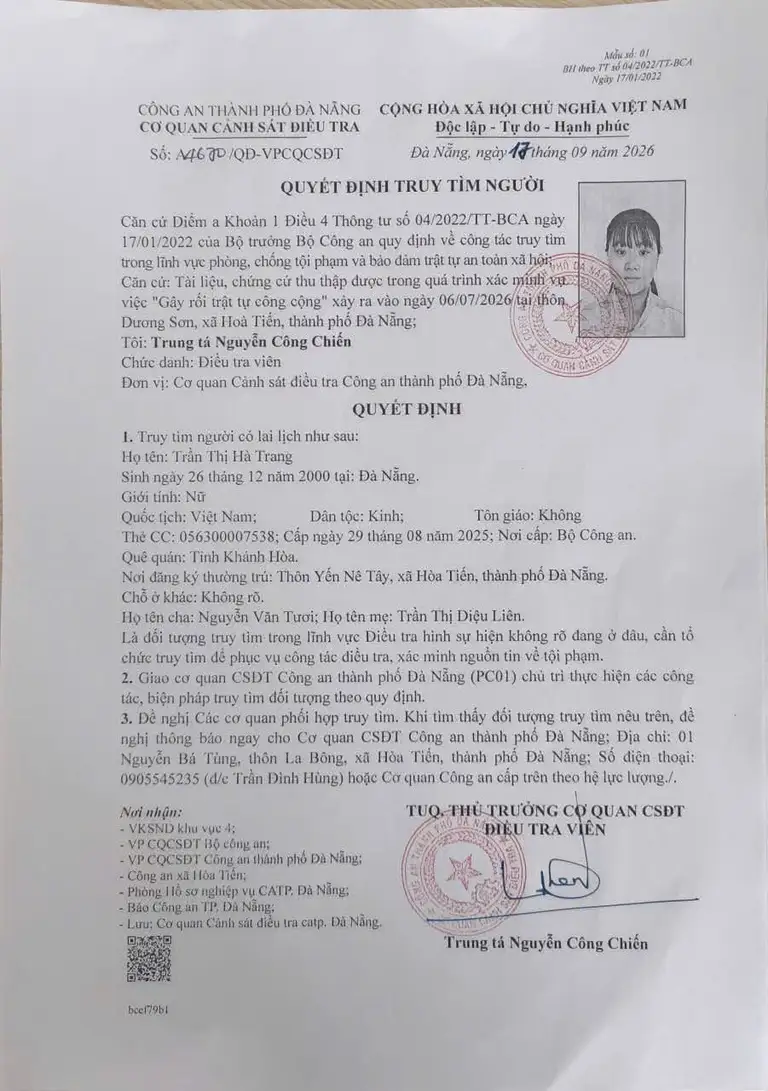 Quyết định truy tìm Trần Thị Hà Trang. Ảnh: Công an TP Đà Nẵng.