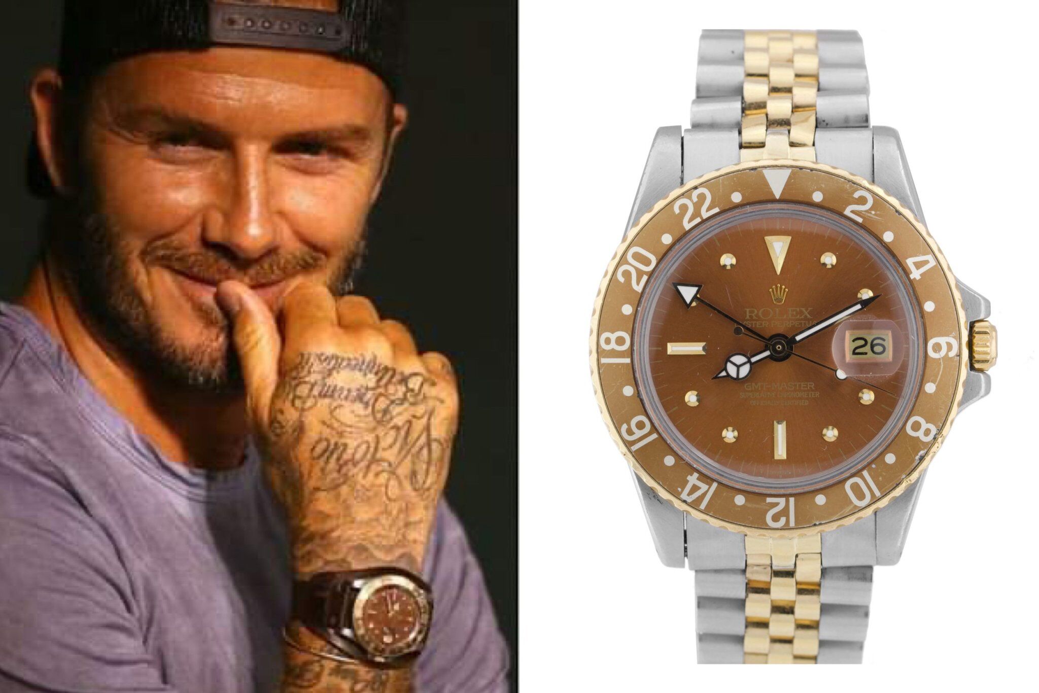 Niềm đam mê Rolex của David Beckham còn mở rộng đến những mẫu đồng hồ cổ điển. Anh sở hữu một chiếc GMT-Master hai tông màu mang phong cách xưa, mặt số nâu và vành bezel cùng tông màu - Ảnh: WWD