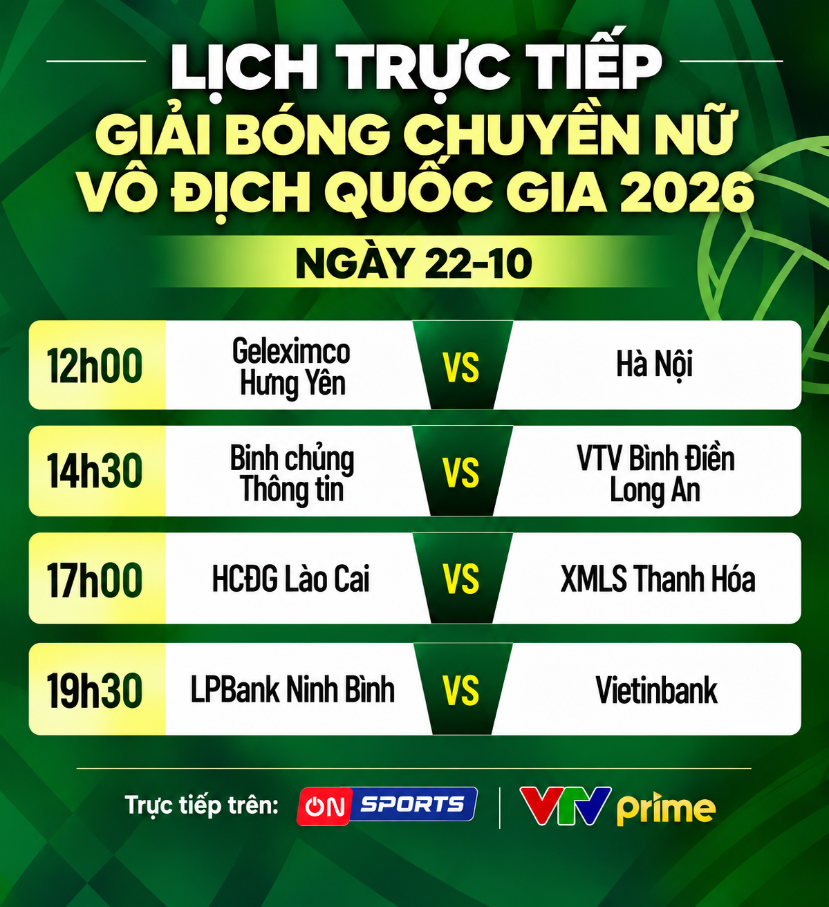Lịch trực tiếp Giải bóng chuyền nữ vô địch quốc gia 2026 ngày 22-10 - Đồ họa: ĐỨC KHUÊ