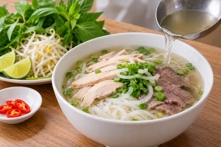 Một tô phở gà hoặc phở bò có thể trở thành lựa chọn phù hợp nếu người huyết áp cao chú ý lượng nước dùng và gia vị