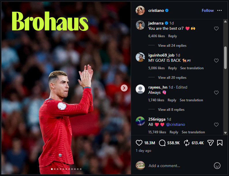 Bài đăng dài như slide thuyết trình của Ronaldo trên Instagram - Ảnh chụp màn hình.
