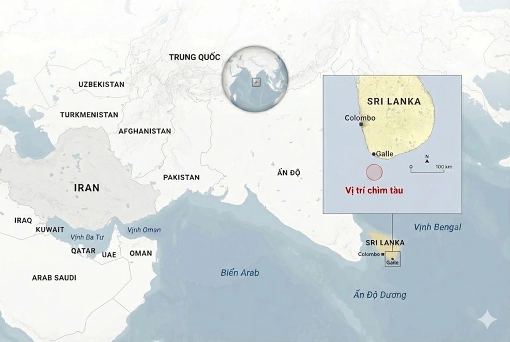 Vị trí Ấn Độ Dương và nơi tàu chiến Iran chìm ngoài khơi Sri Lanka. Đồ họa: AA