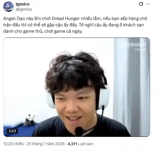 Angel cho biết Bin đang vùi đầu vào game nhưng không phải LMHT và cả ngày cũng chỉ chơi game - Ảnh: Twitter.