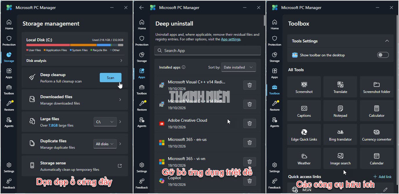 PC Manager tích hợp nhiều tính năng hữu ích chỉ trong một cửa sổ ứng dụng
