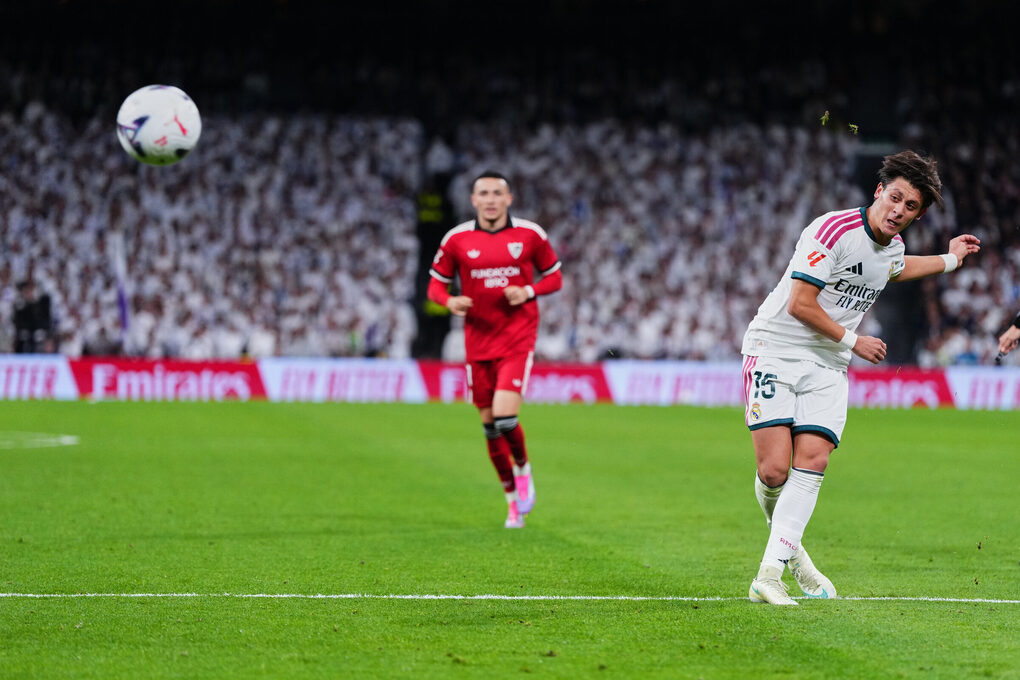 Arda Guler ghi bàn mở tỷ số cho Real Madrid trong trận thắng Sevilla 4-1 ở La Liga tại sân Bernabeu, Madrid, Tây Ban Nha, ngày 18/10/2026. Ảnh: AP