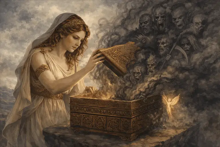 Tranh minh họa nàng Pandora mở chiếc hộp cấm, thả tự do tai ương nhân loại - Ảnh: MYTHOI.ORG