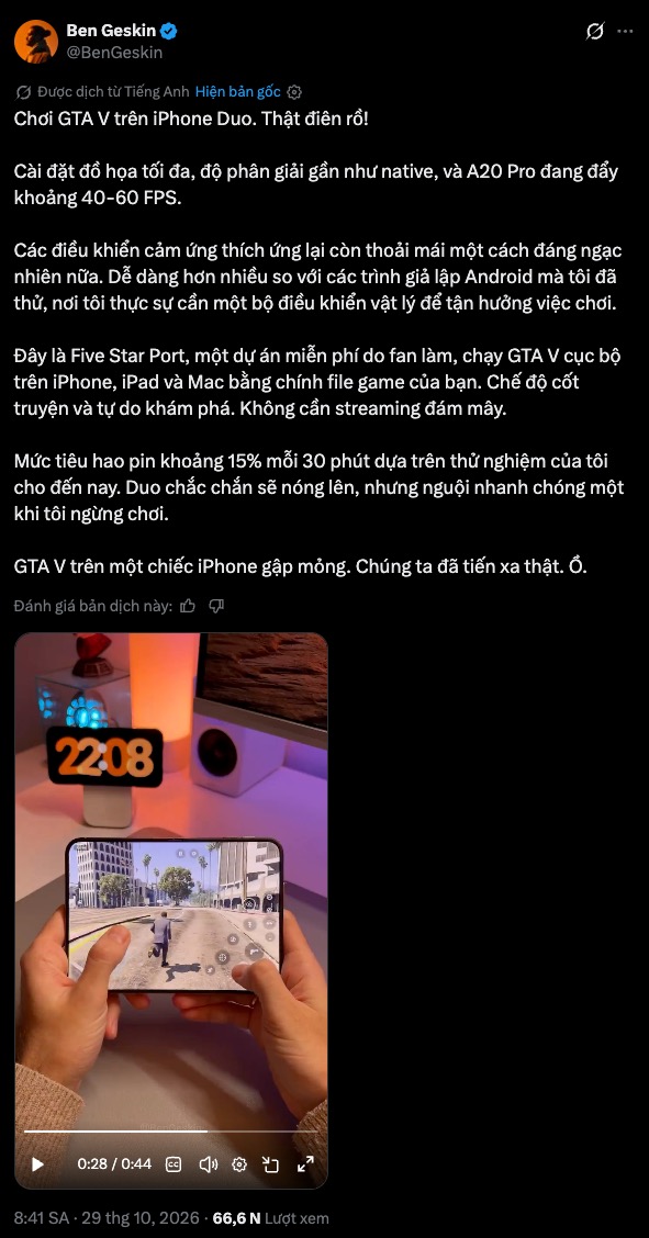 Ben Geskin chia sẻ trải nghiệm chơi GTA V trên iPhone Duo.