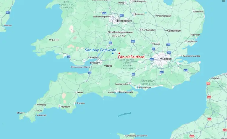 Vị trí căn cứ Fairford và sân bay Cotswold. Đồ họa: Google Map s