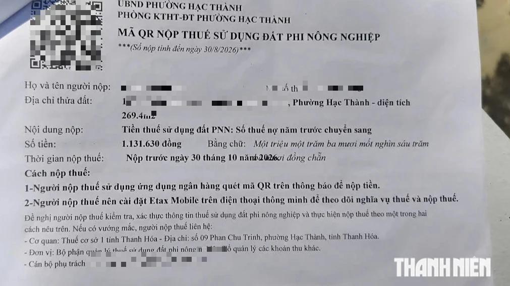 Tờ thông báo nợ thuế đất phi nông nghiệp mà Phòng Kinh tế hạ tầng và đô thị P.Hạc Thành gửi cho một người dân dù người dân này đã nộp thuế đầy đủ