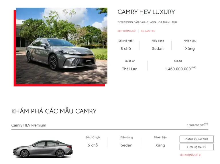 Trên website chính thức, Toyota Camry bản xăng đã không còn xuất hiện trong danh mục sản phẩm, cũng như trong catalogue của sản phẩm. Ảnh chụp màn hình