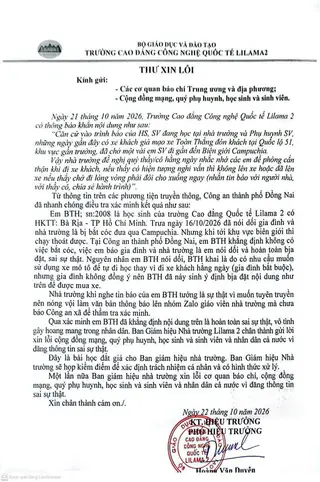 Thư xin lỗi của Trường cao đẳng Công nghệ quốc tế Lilama 2 phát đi vào tối 22.10