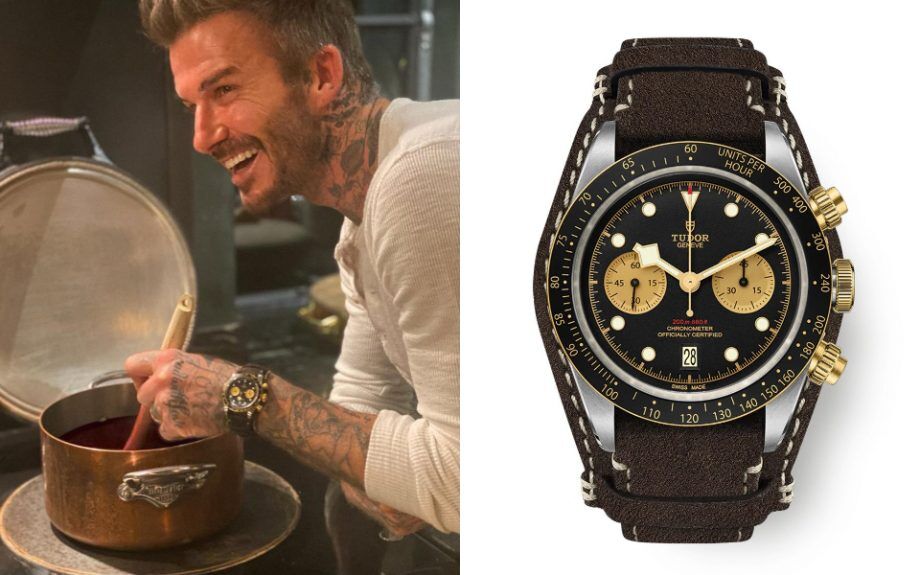 David Beckham cũng sở hữu Tudor Black Bay Chrono phiên bản thép kết hợp vàng. Những điểm nhấn bằng vàng cùng dây đeo nâu tạo nên diện mạo giao thoa giữa vẻ thể thao và sự lịch lãm - Ảnh: Tudor