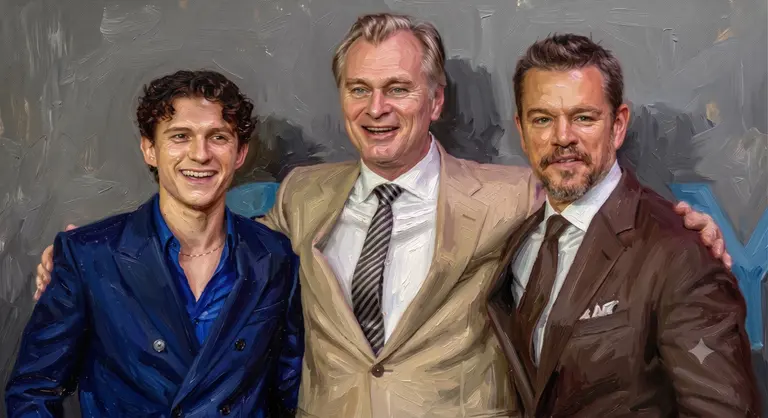 Lần lượt từ trái sang: Tom Holland, đạo diễn Christopher Nolan và tài tử Matt Damon - Hình minh họa bằng AI.