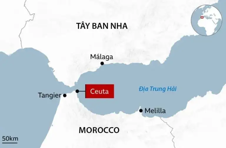 Vị trí Ceuta và Melilla, hai thành phố thuộc Tây Ban Nha có biên giới chung với Morocco. Đồ họa: BBC