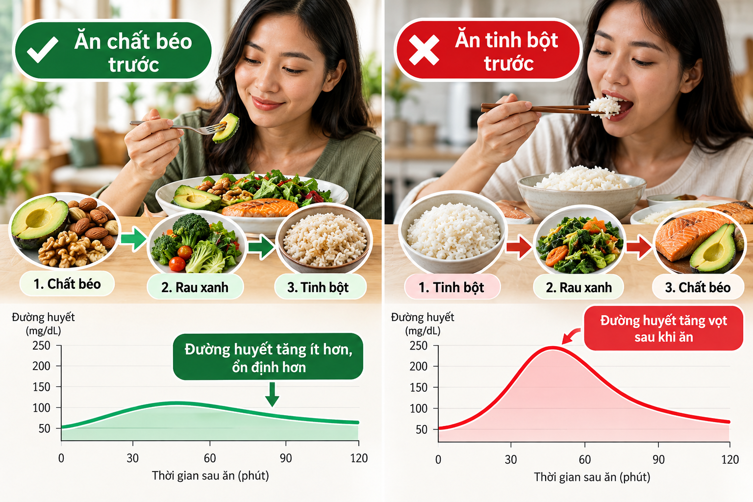 Ăn chất béo trước khi ăn các chất đường bột giúp giảm mạnh tình trạng đường huyết tăng vọt sau khi ăn