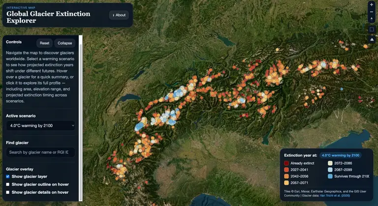 Nền tảng tra cứu các kịch bản của sông băng trên toàn cầu Global Glacier Extinction Explorer - Ảnh: PHYS.ORG