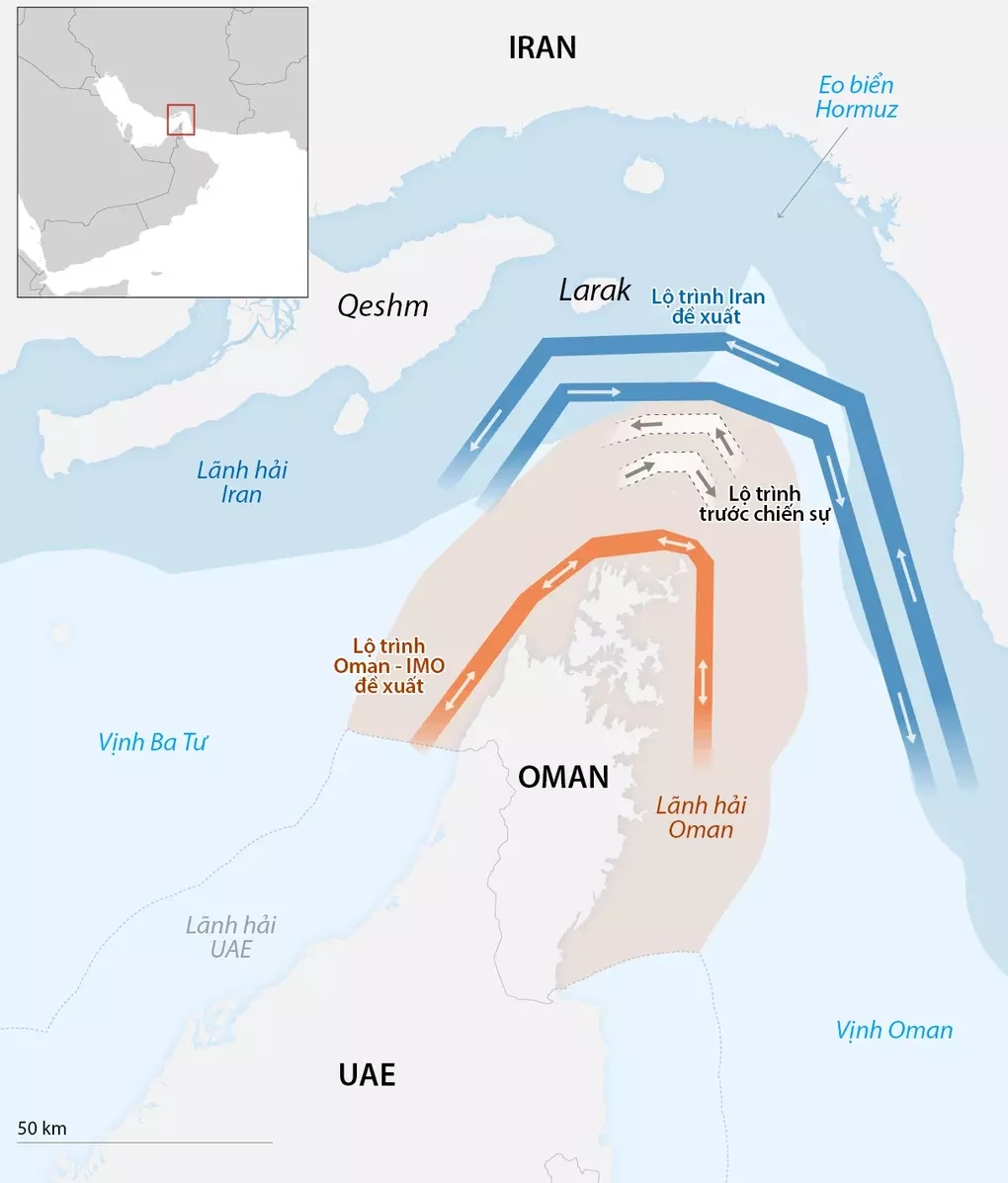 Các tuyến đường biển đi qua eo biển Hormuz. Đồ họa: CNN