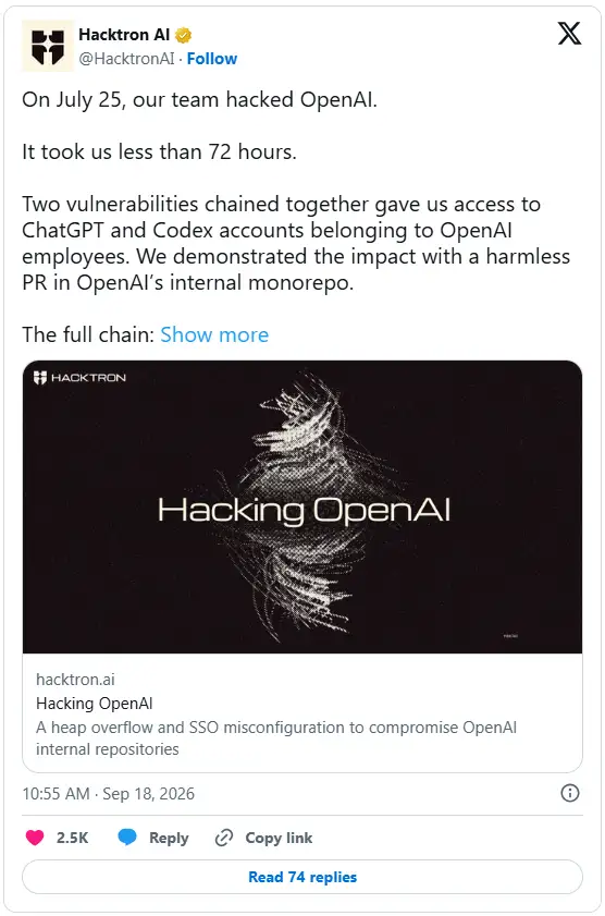 Bài đăng của nhóm nghiên cứu cho biết việc hack thành công OpenAI