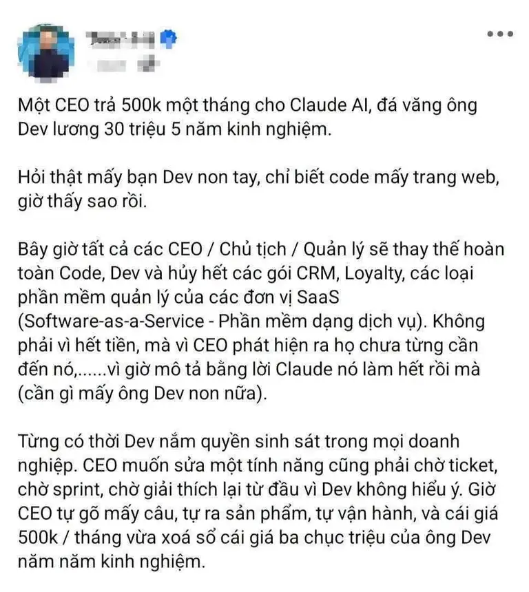 Bài đăng mạng xã hội tuyên bố dùng AI thay thế lập trình viên của một CEO người Việt - Ảnh chụp màn hình