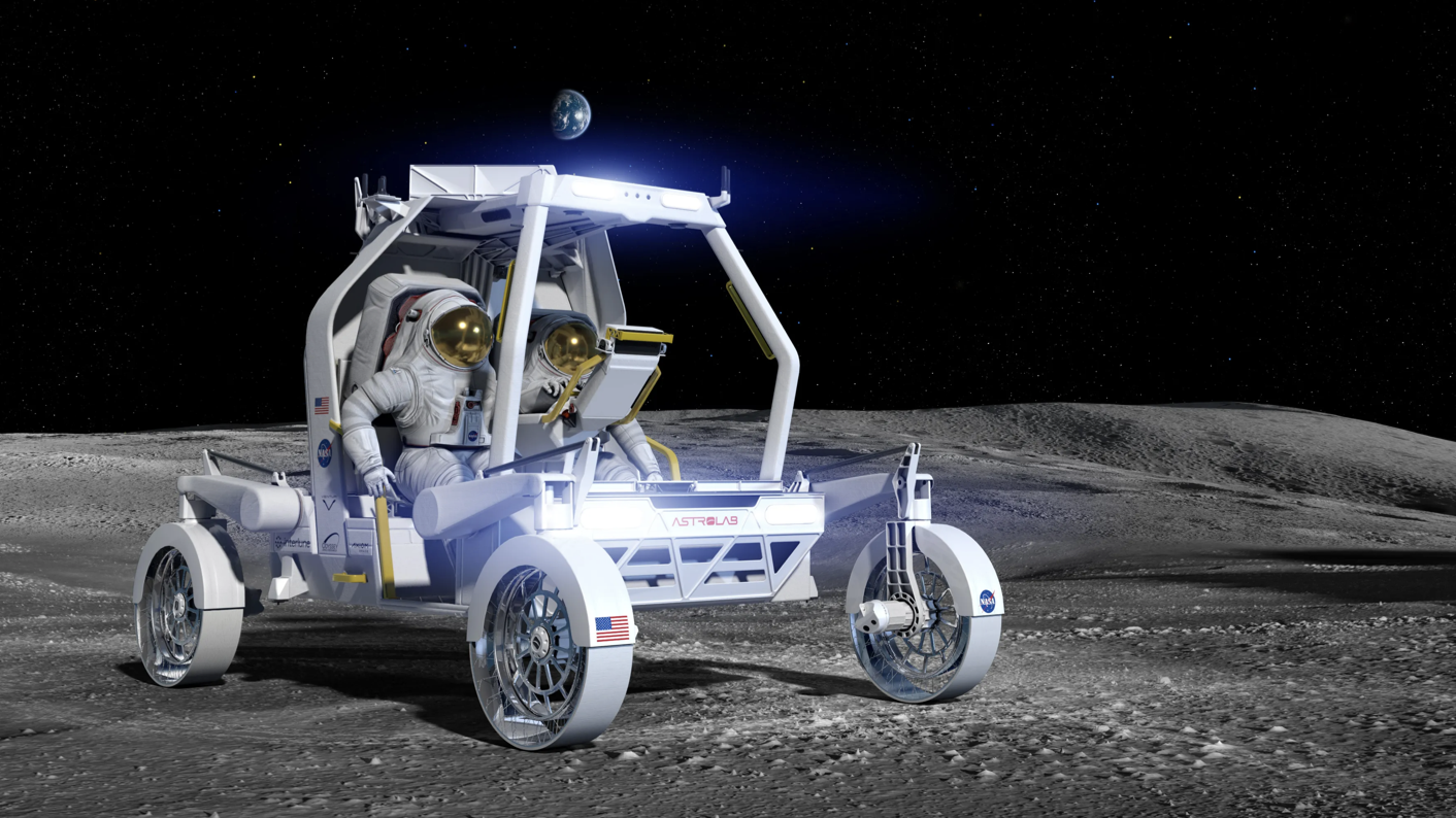 Mô phỏng xe địa hình chở phi hành gia CLV-1 của Astrolab hoạt động trên bề mặt Mặt Trăng - Ảnh: Astrolab