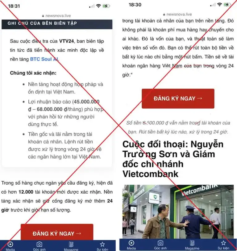 Hình ảnh bài viết giả mạo có nội dung dẫn dụ người đọc đăng ký và nạp tiền